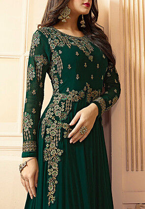 Embroidered Georgette Abaya Style Suit in Dark Green