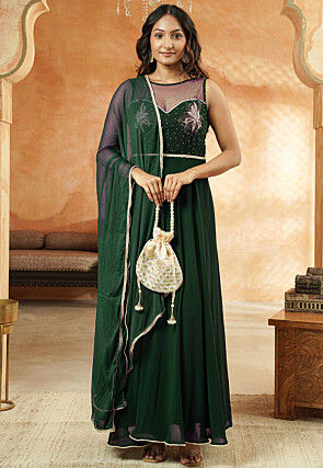 Hand Embroidered Georgette Abaya Style Suit in Dark Green