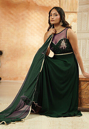 Hand Embroidered Georgette Abaya Style Suit in Dark Green