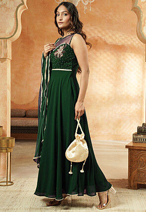 Hand Embroidered Georgette Abaya Style Suit in Dark Green