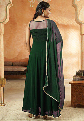 Hand Embroidered Georgette Abaya Style Suit in Dark Green