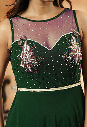 Hand Embroidered Georgette Abaya Style Suit in Dark Green