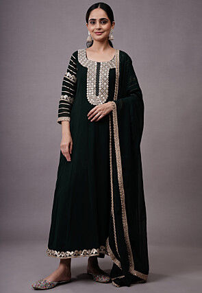 Embroidered Georgette Abaya Style Suit in Dark Green