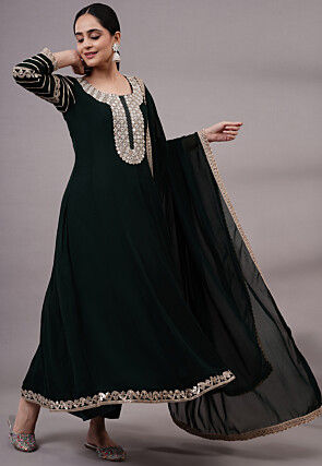Embroidered Georgette Abaya Style Suit in Dark Green