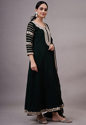 Embroidered Georgette Abaya Style Suit in Dark Green