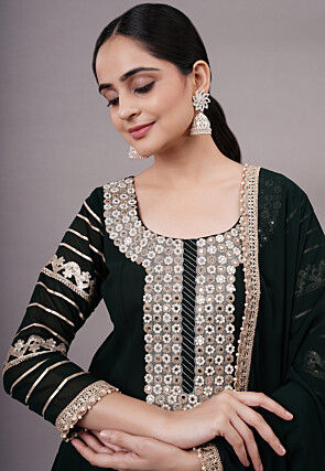 Embroidered Georgette Abaya Style Suit in Dark Green