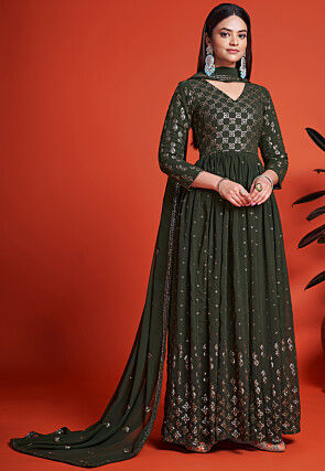 Embroidered Georgette Abaya Style Suit in Dark Olive Green