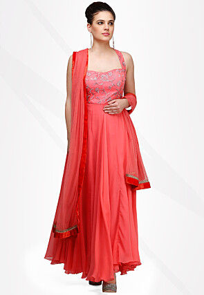 Embroidered Georgette Abaya Style Suit in Dark Peach