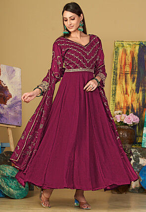 Embroidered Georgette Abaya Style Suit in Dark Pink