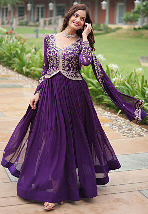 Embroidered Georgette Abaya Style Suit in Dark Purple