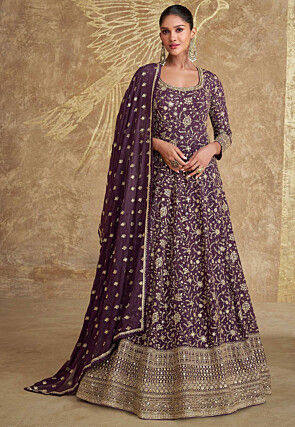 Embroidered Georgette Abaya Style Suit in Dark Purple