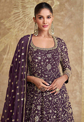 Embroidered Georgette Abaya Style Suit in Dark Purple