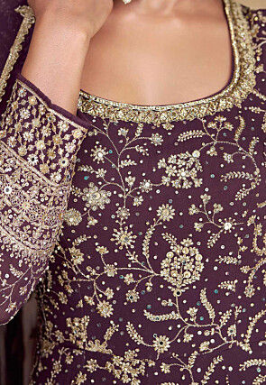 Embroidered Georgette Abaya Style Suit in Dark Purple