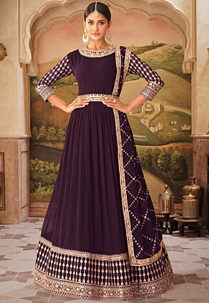 Embroidered Georgette Abaya Style Suit in Dark Purple