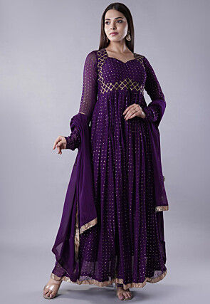 Embroidered Georgette Abaya Style Suit in Dark Purple