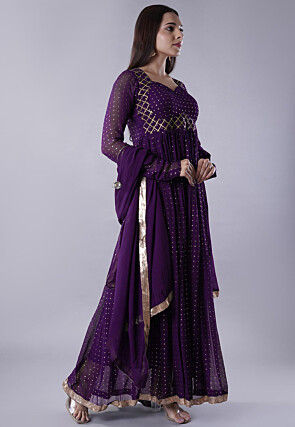 Embroidered Georgette Abaya Style Suit in Dark Purple