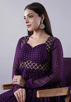 Embroidered Georgette Abaya Style Suit in Dark Purple