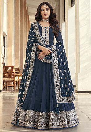 Embroidered Georgette Abaya Style Suit in Dusty Blue