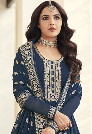 Embroidered Georgette Abaya Style Suit in Dusty Blue
