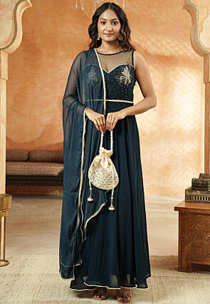 Embroidered Georgette Abaya Style Suit in Dusty Blue
