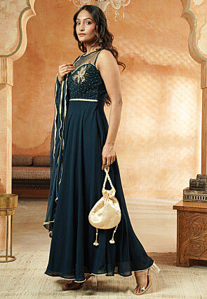 Embroidered Georgette Abaya Style Suit in Dusty Blue