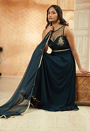 Embroidered Georgette Abaya Style Suit in Dusty Blue