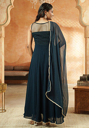 Embroidered Georgette Abaya Style Suit in Dusty Blue