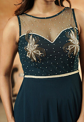 Embroidered Georgette Abaya Style Suit in Dusty Blue