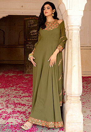 Embroidered Georgette Abaya Style Suit in Dusty Green