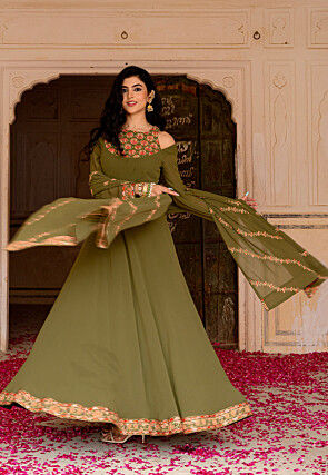 Embroidered Georgette Abaya Style Suit in Dusty Green