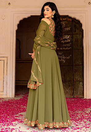 Embroidered Georgette Abaya Style Suit in Dusty Green