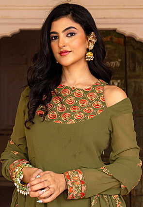 Embroidered Georgette Abaya Style Suit in Dusty Green