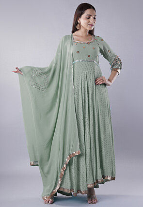 Embroidered Georgette Abaya Style Suit in Dusty Green