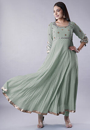 Embroidered Georgette Abaya Style Suit in Dusty Green