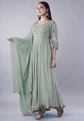 Embroidered Georgette Abaya Style Suit in Dusty Green