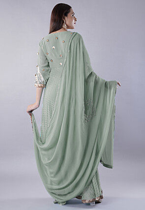 Embroidered Georgette Abaya Style Suit in Dusty Green