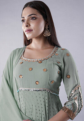 Embroidered Georgette Abaya Style Suit in Dusty Green