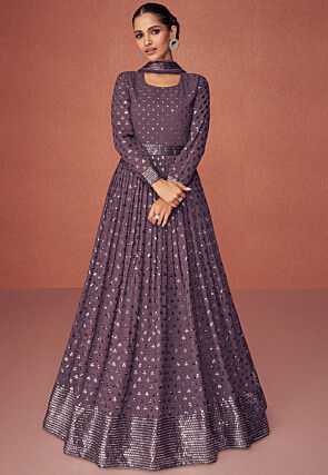 Embroidered Georgette Abaya Style Suit in Dusty Purple