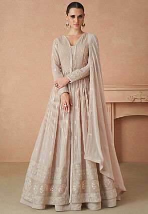 Embroidered Georgette Abaya Style Suit in Fawn
