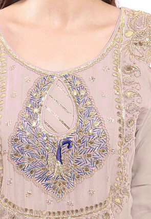 Embroidered Georgette Abaya Style Suit in Fawn