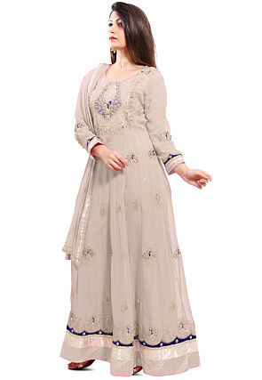 Embroidered Georgette Abaya Style Suit in Fawn