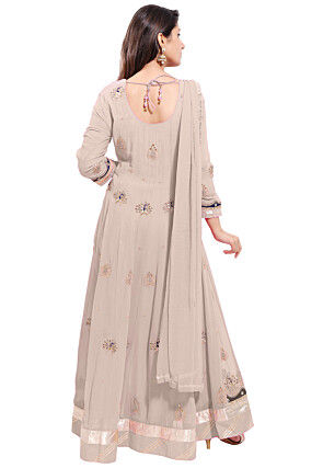 Embroidered Georgette Abaya Style Suit in Fawn