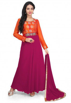 Embroidered Georgette Abaya style Suit in Fuchsia and Orange