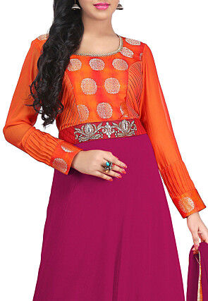 Embroidered Georgette Abaya style Suit in Fuchsia and Orange