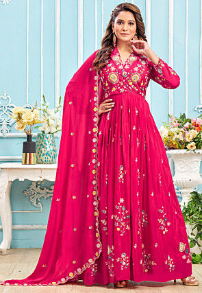 Embroidered Georgette Abaya Style Suit in Fuchsia