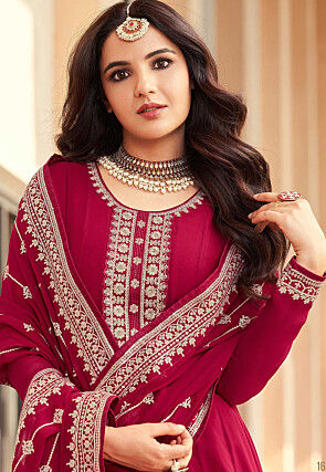 Embroidered Georgette Abaya Style Suit in Fuchsia