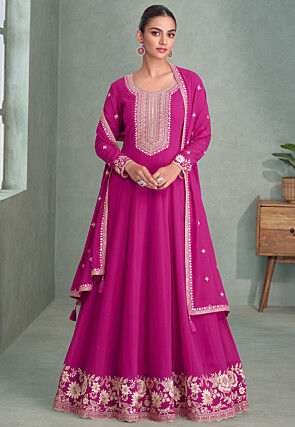 Embroidered Georgette Abaya Style Suit in Fuchsia