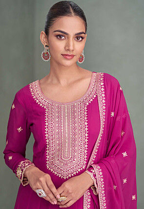 Embroidered Georgette Abaya Style Suit in Fuchsia