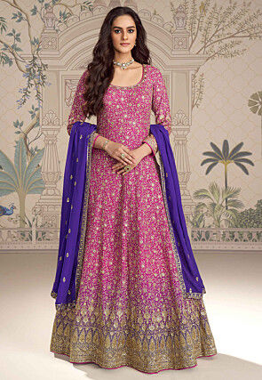 Embroidered Georgette Abaya Style Suit in Fuchsia