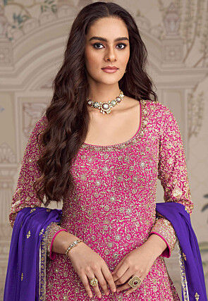 Embroidered Georgette Abaya Style Suit in Fuchsia